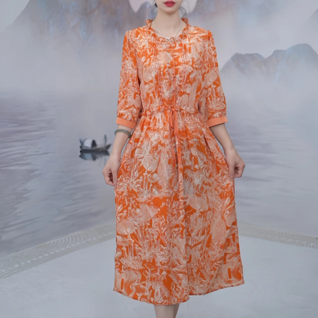 4067新款时尚花边领复古休闲女士长裙显瘦气质国风连衣裙