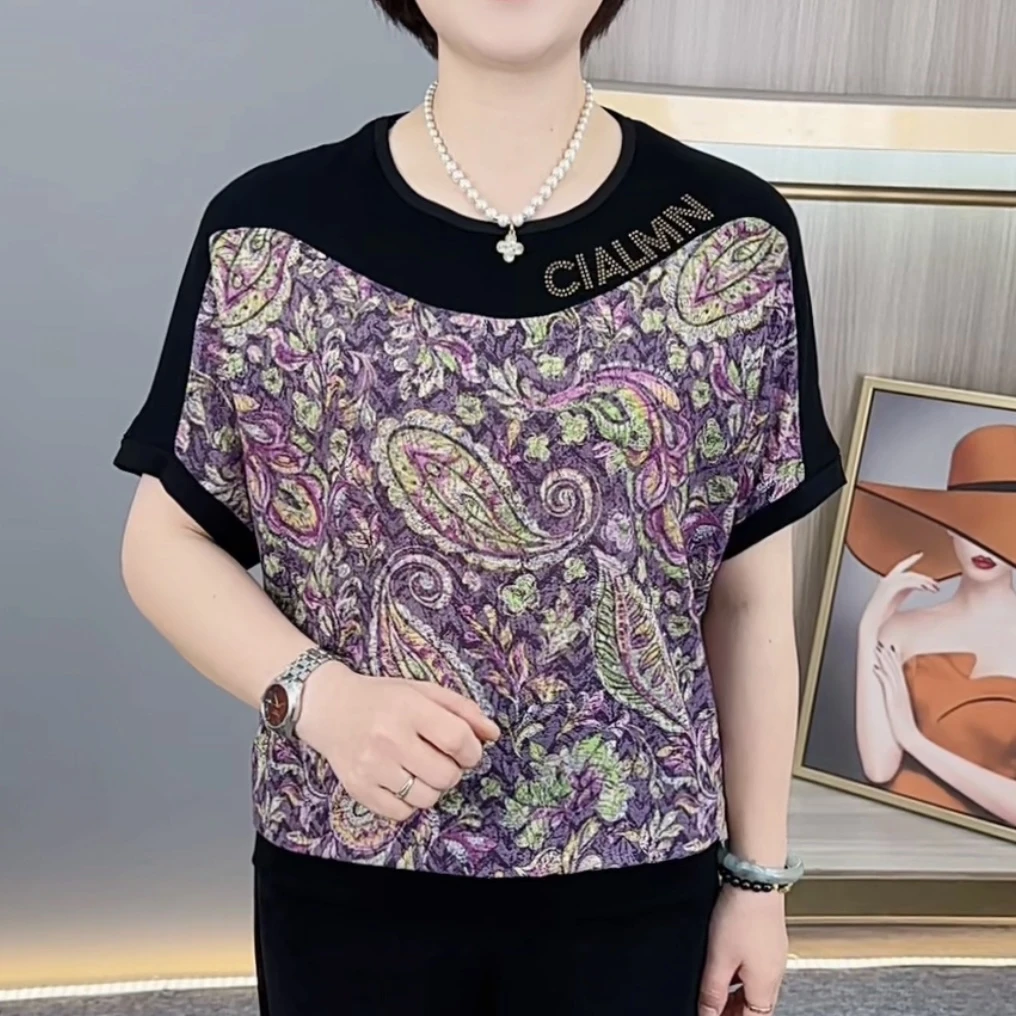 夏季新款时尚圆领蝙蝠袖洋气妈妈装宽松遮肚休闲百搭短袖上衣8871