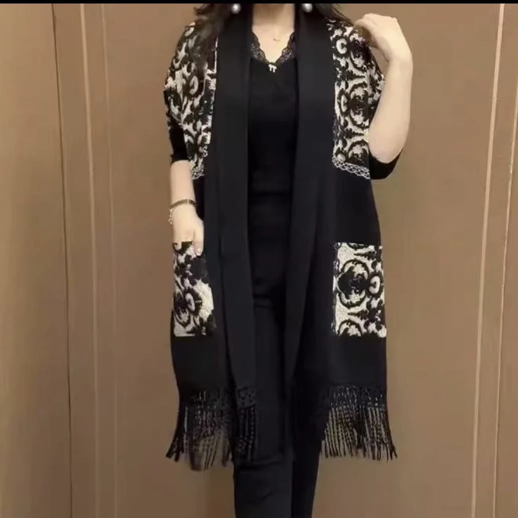 洋气妈妈休闲时尚拼接显瘦气质流苏有口袋百搭披肩开衫