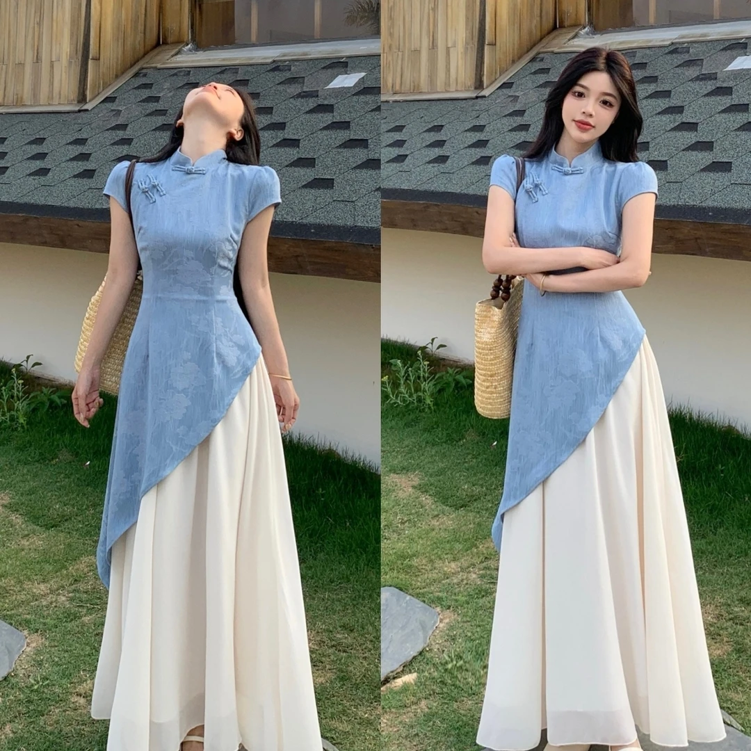 胖MM新中式蓝色假两件提花改良旗袍拼接收腰显瘦连衣裙