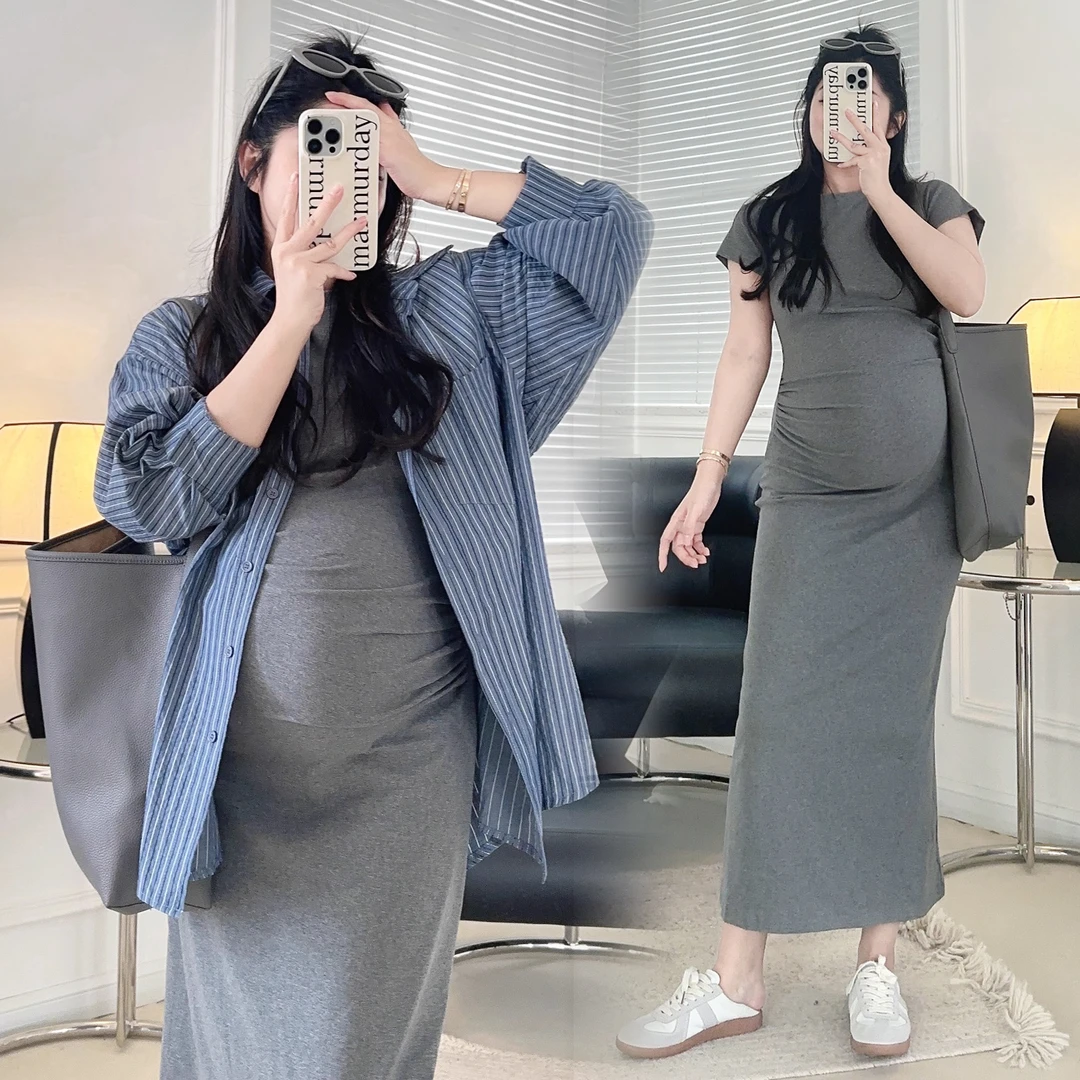 橙子家-春秋休闲褶皱设计辣妹修身显瘦弹力直筒短袖衬衫连衣裙