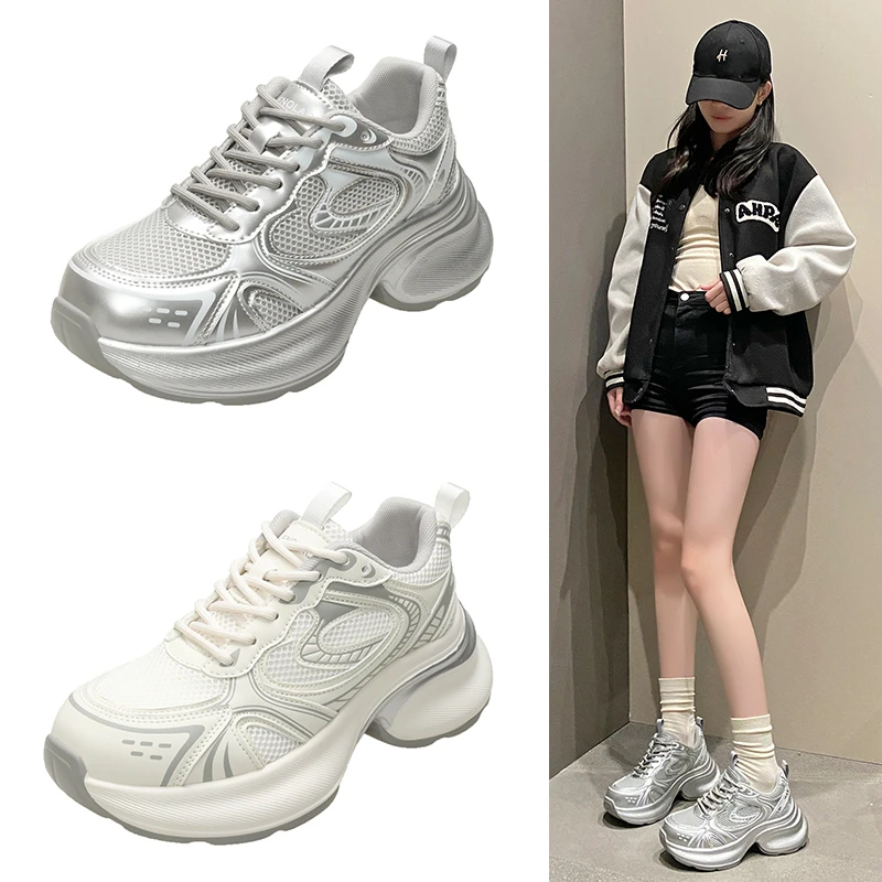 2025春季新款时尚休闲鞋女厚底增高老爹鞋舒适百搭运动鞋网面