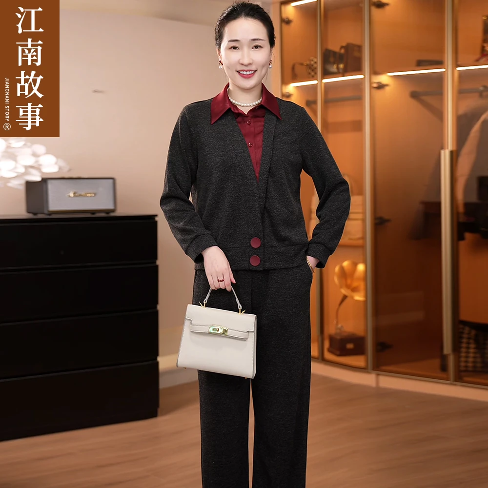 江南故事妈妈装2025春季新款假两件上衣直筒裤气质两件套时尚套装