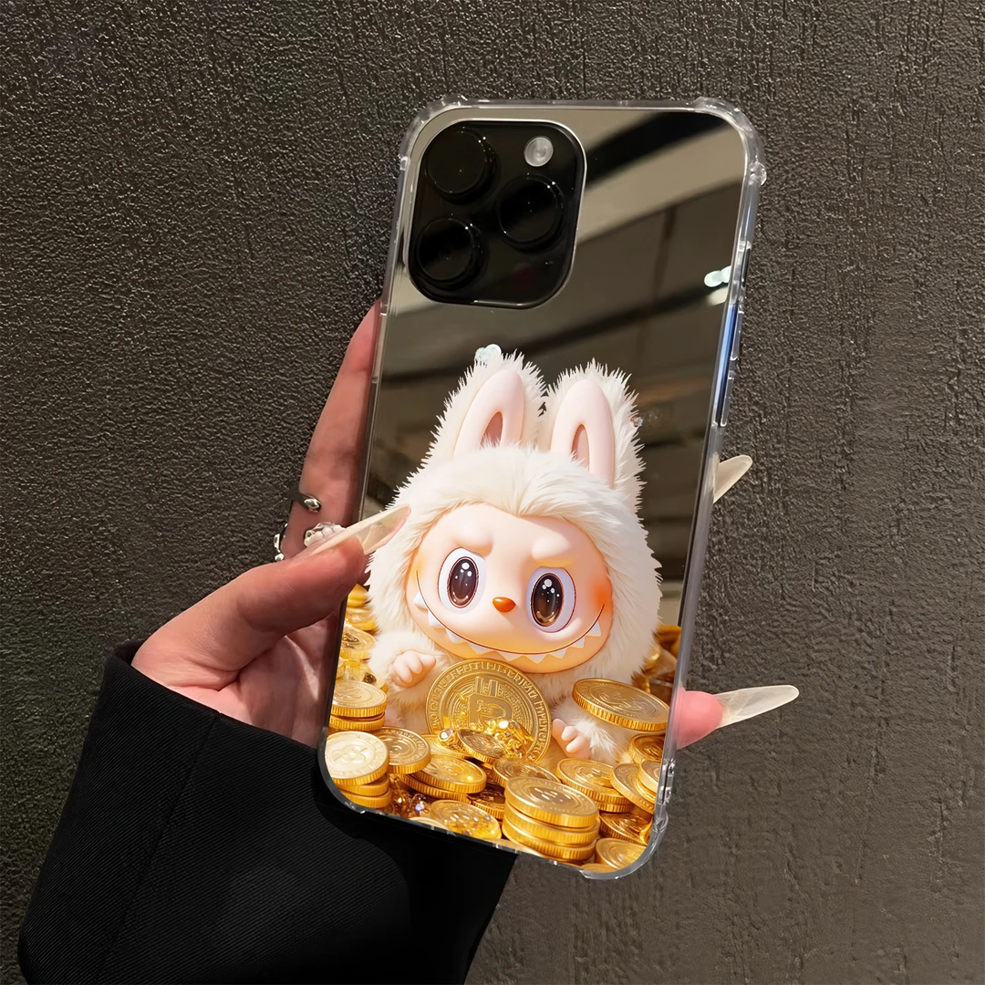 黄金币堆里labubu适用iPhone15苹果16promax手机壳14镜面13公仔12