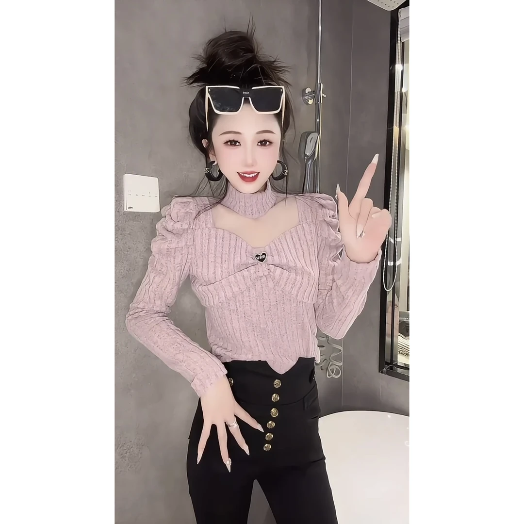 秋冬新款半高领网纱拼接针织衫女气质修身显瘦打底衫内搭长袖上衣