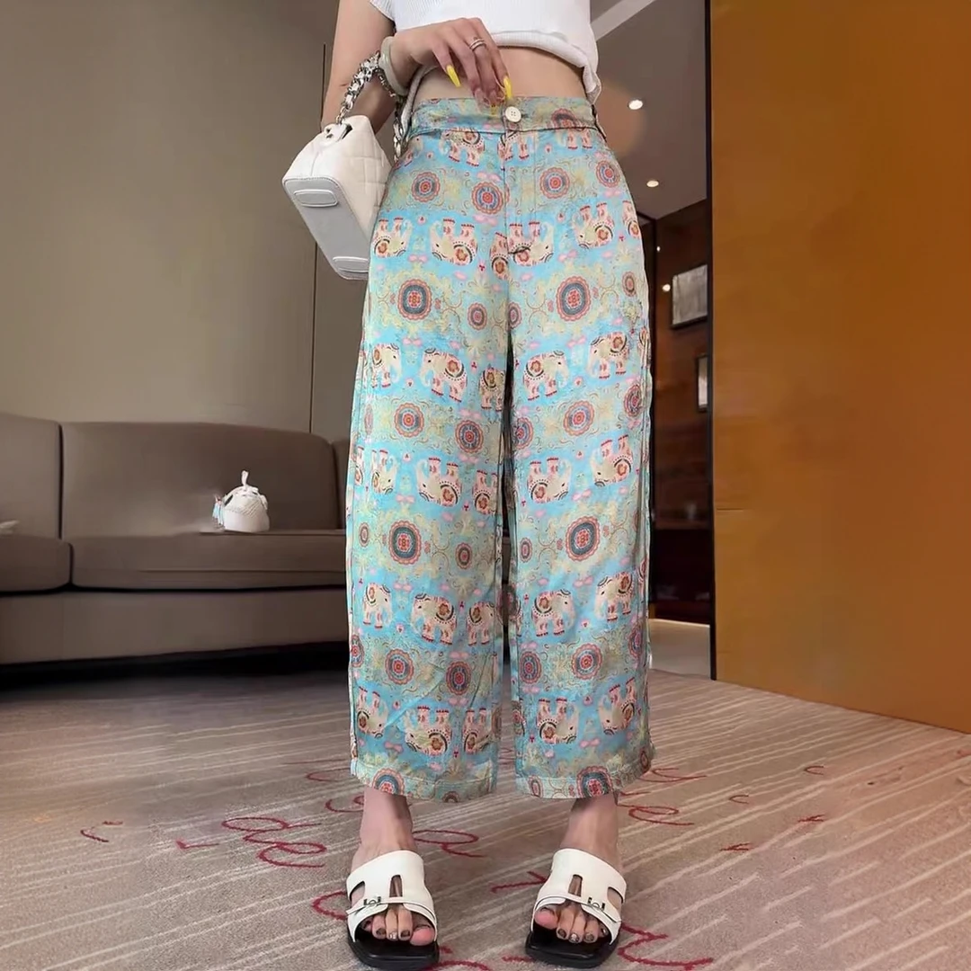 泰式印染招财象休闲阔腿裤女夏季薄款大码胖mm高腰宽松显瘦九分裤