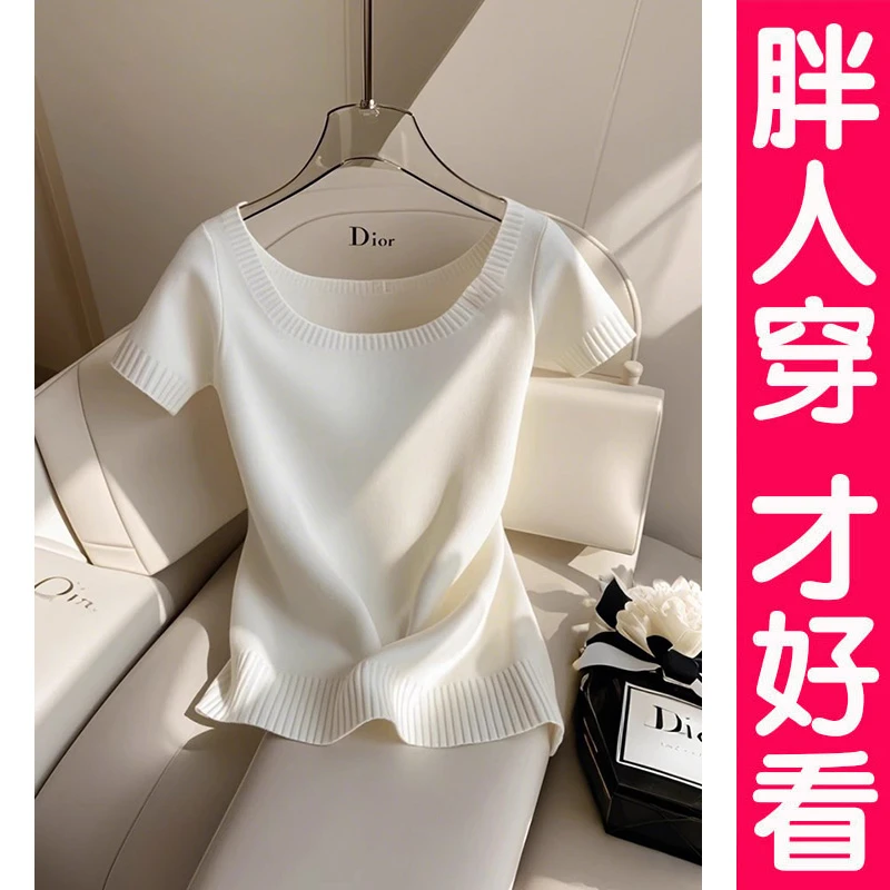 夏季新款时尚方领薄款针织衫上衣外穿大码宽松显瘦胖mm短袖t恤衫