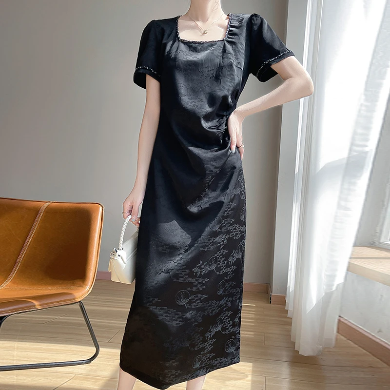 女装洋气时髦气质方领缎面提花连衣裙高腰夏季长裙复古气质法式裙