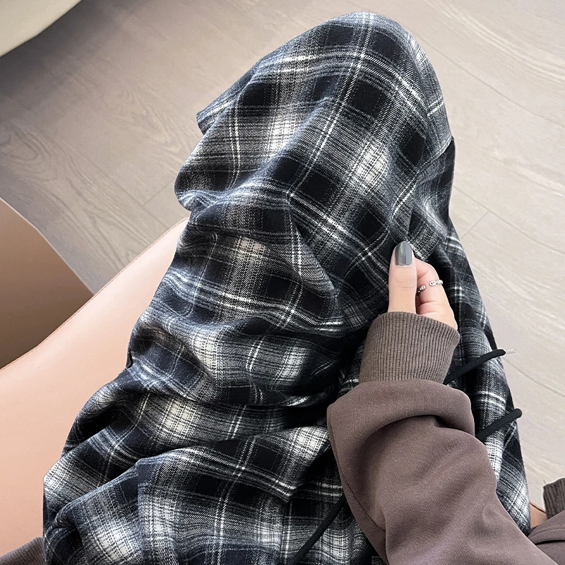 慵懒风复古磨毛格子裤女春秋高腰宽松直筒阔腿裤休闲百搭拖地裤子