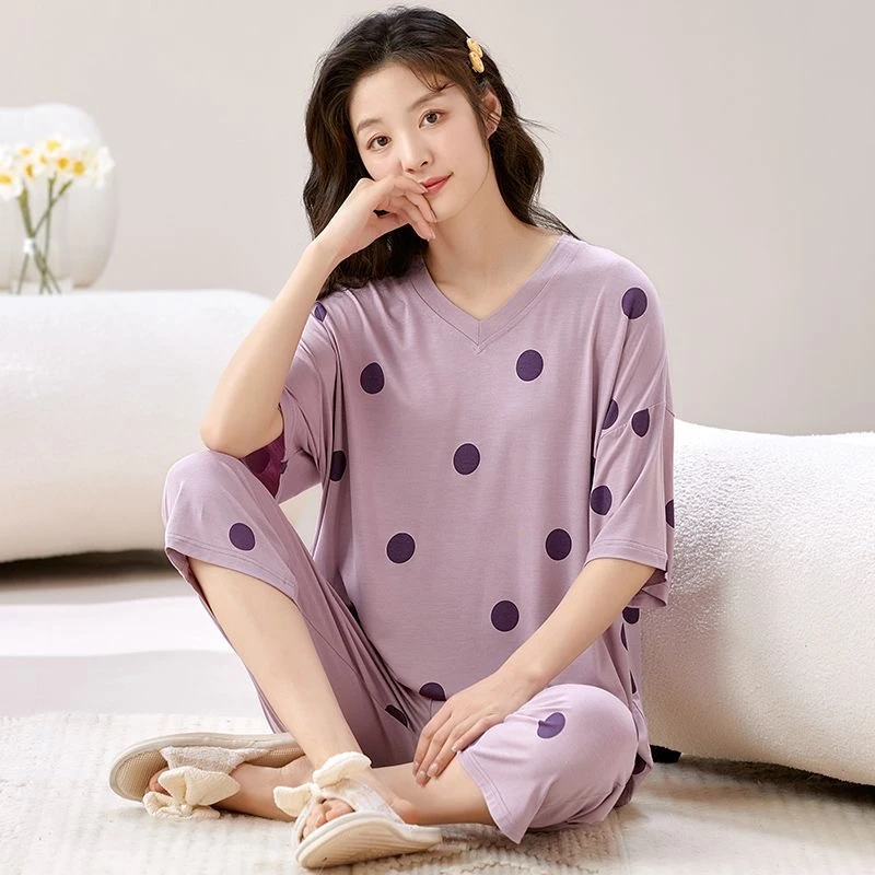 100%莫代尔带胸垫睡衣女夏季薄款短袖七分裤大码可外穿家居服套装