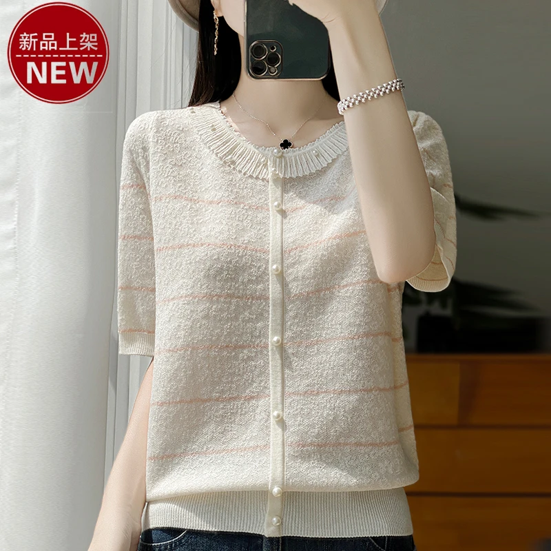 2025夏季新款时尚蕾丝花边领小香风薄款气质提花休闲短袖针织衫女