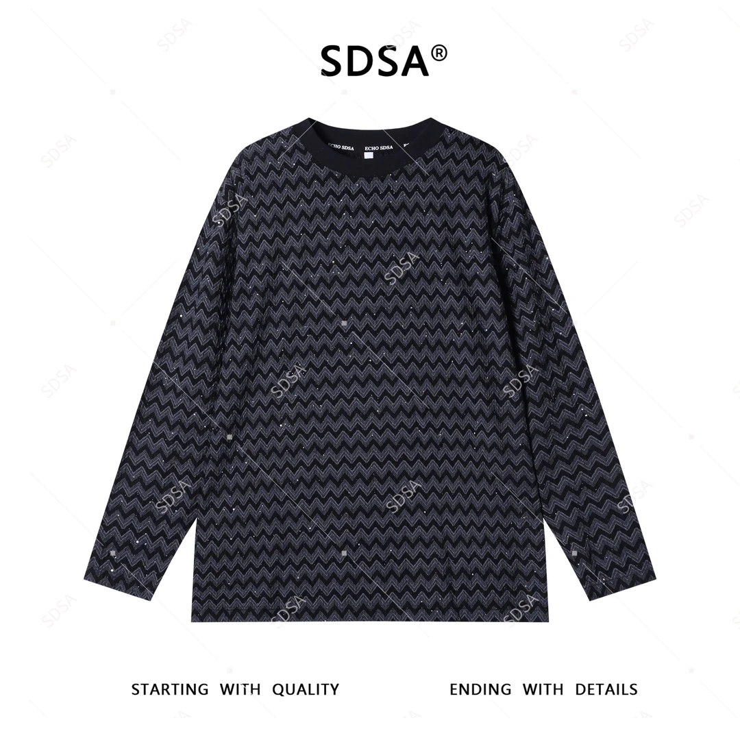SDSA夏季新款男士痞帅潮牌撞色波浪线圆领长袖T恤洒金百搭时尚