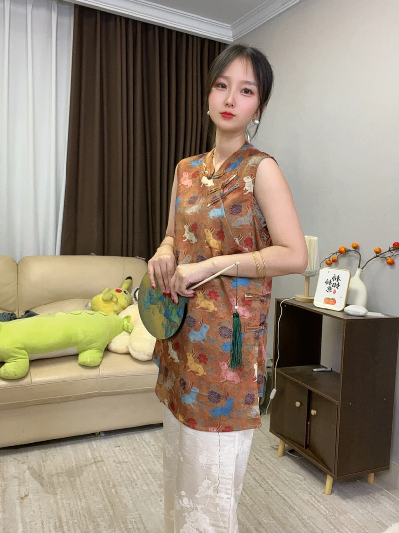 防晒纽扣中长款无袖印染薄款衬衫夏季女装双层网红