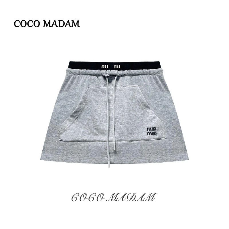 ANNI · 美式辣妹口袋抽绳灰色迷你半身裙防走光A字短裙-Ani-A737