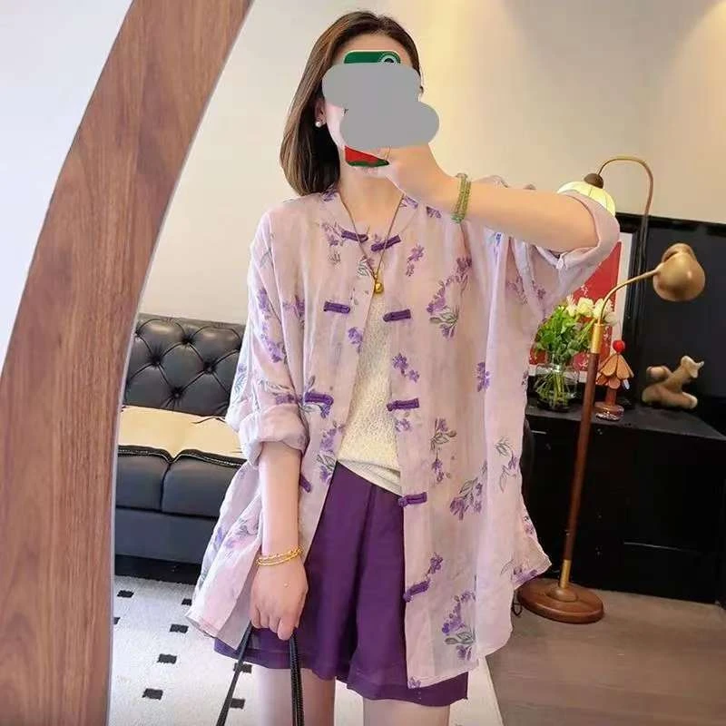 新中式复古盘扣潮品套装夏季宽松中国风紫色短袖印花9002
