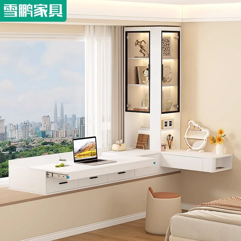 卧室飘窗可伸缩抽拉式书桌转角书柜书架梳妆台储物柜组合6L71