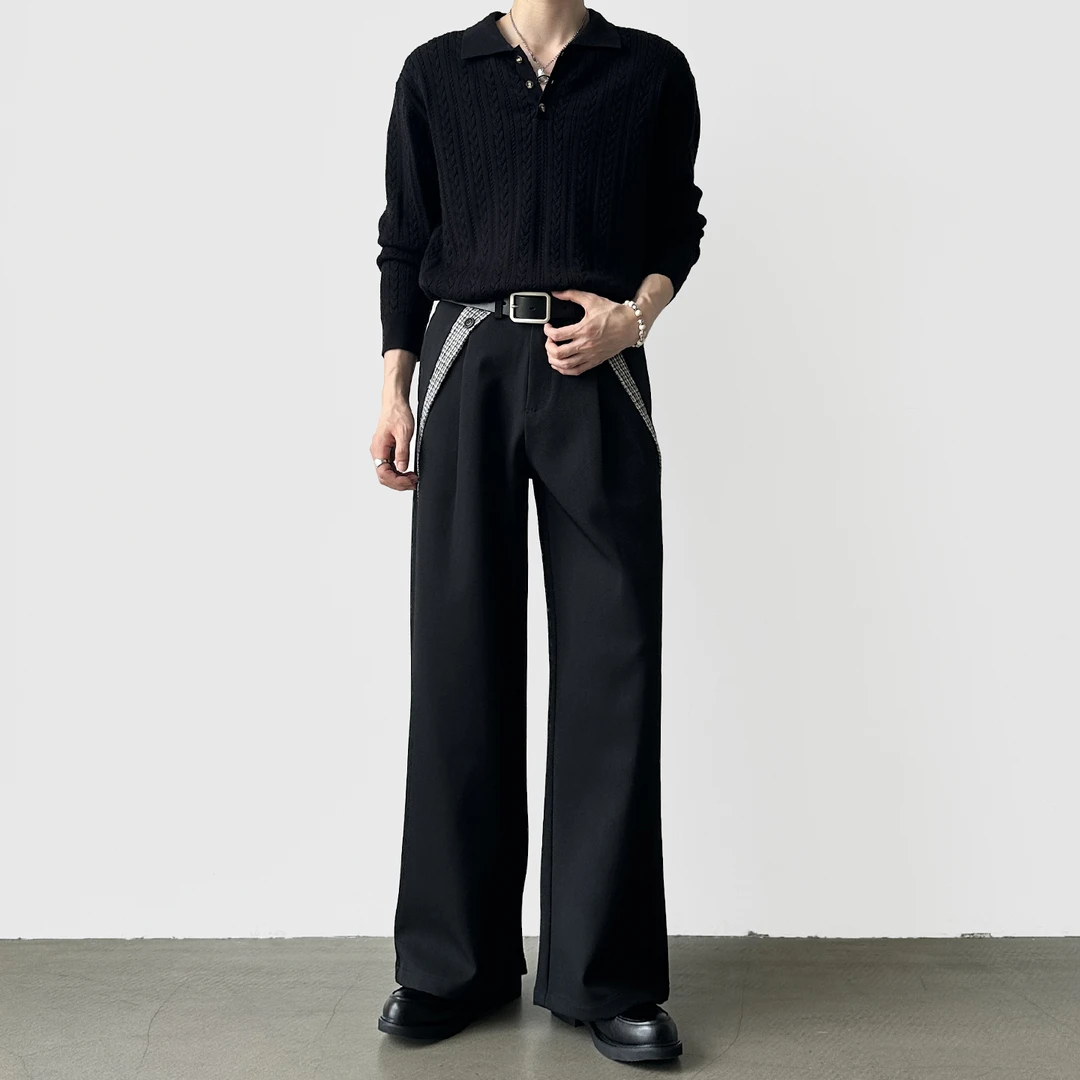 A6 秋冬TR面料千鸟格拼接A字阔腿西裤男宽松直筒垂感通勤休闲长裤