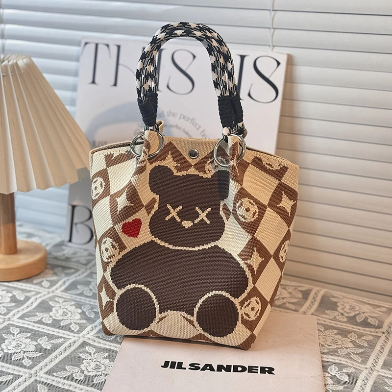 日韩新款卡通针织包便携上班通勤外出杂物大容量手提袋托特小方包