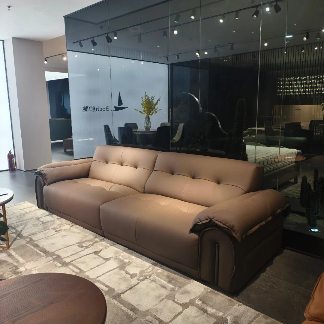 意式极简实木软包真皮沙发