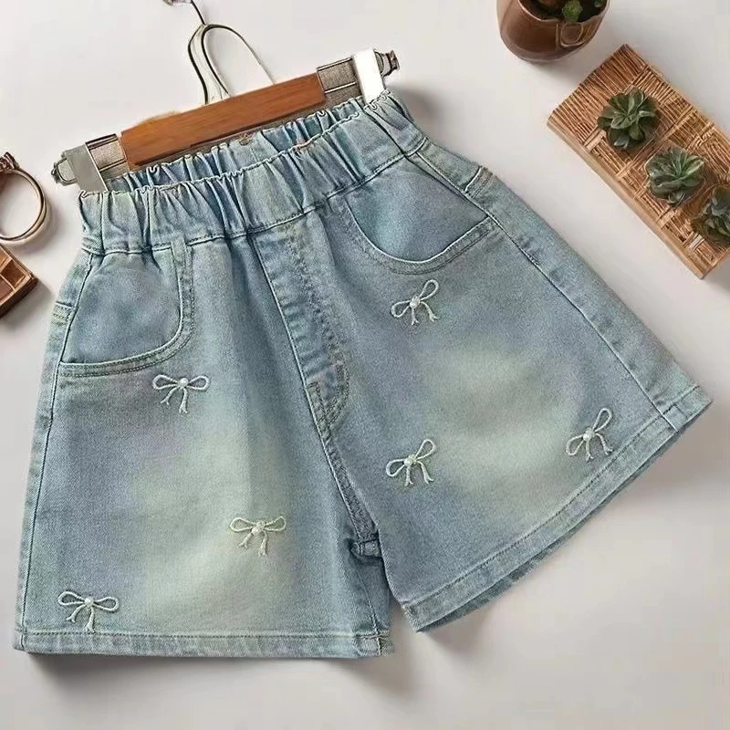 女童牛仔短裤夏季新款儿童蝴蝶结刺绣热裤小女孩时髦夏装薄款裤子