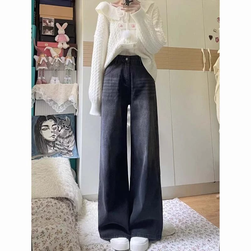 黑灰色不贴腿喇叭牛仔裤女春秋新款小个子高腰遮胯垂感直筒阔腿裤