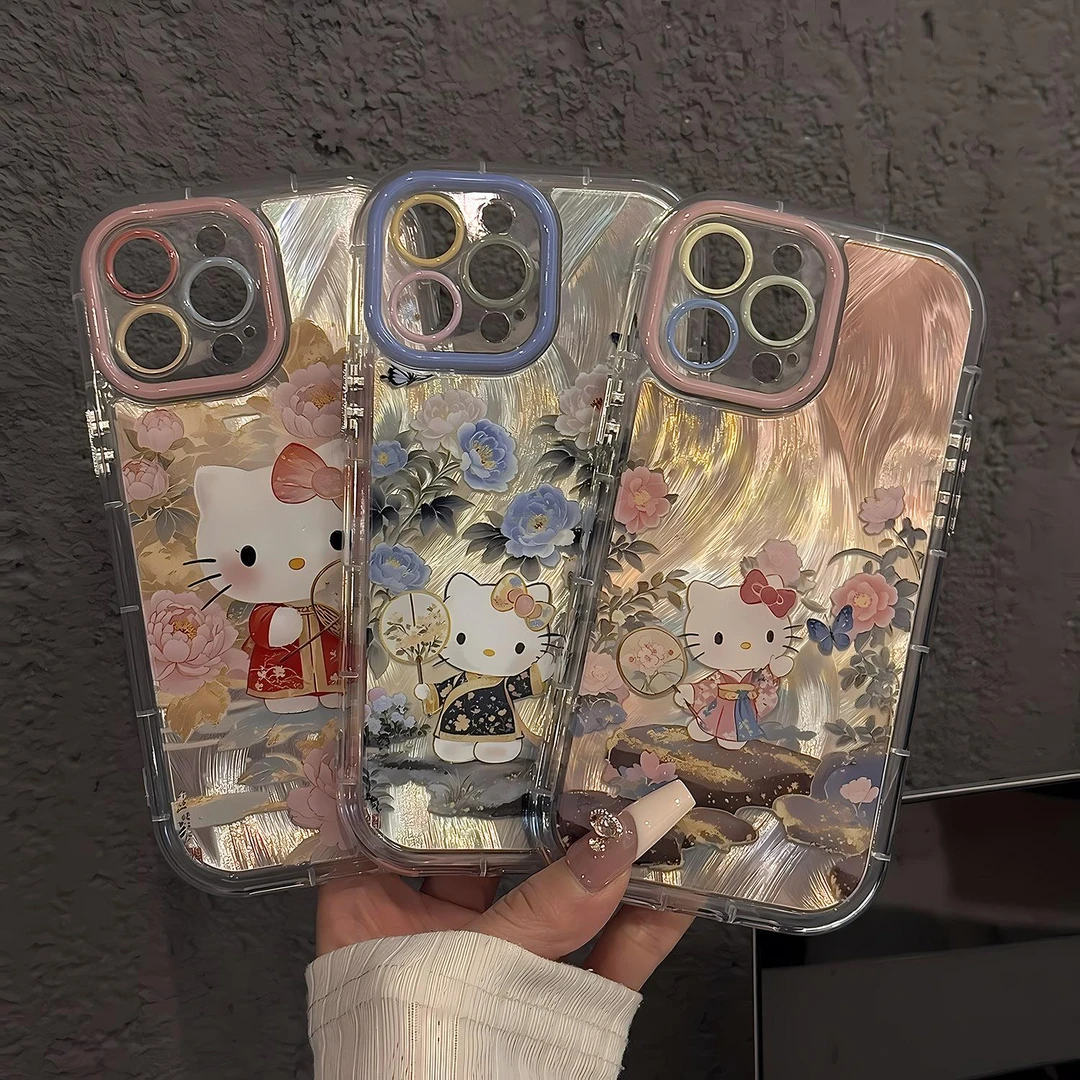 复古山茶花凯蒂羽纱手机壳适用苹果16pro新款华为vivo小米15OPPO