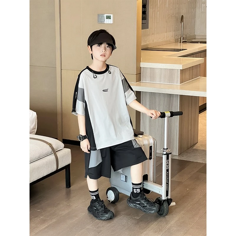 T496儿童夏季套装2025自制男童短袖短裤中大童凉感速干T两件套
