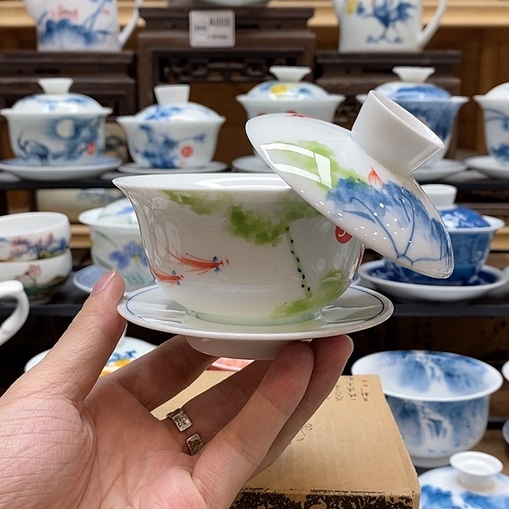 手绘五彩荷花悬停盖碗150cc釉下彩微瑕福利款