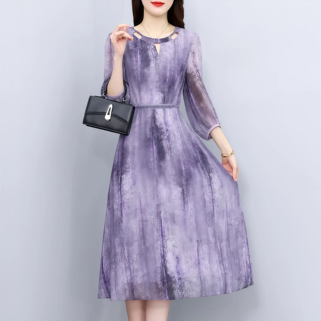 高端洋气气质紫色晕染礼服2025春季新品轻奢高级感遮肉显瘦连衣裙