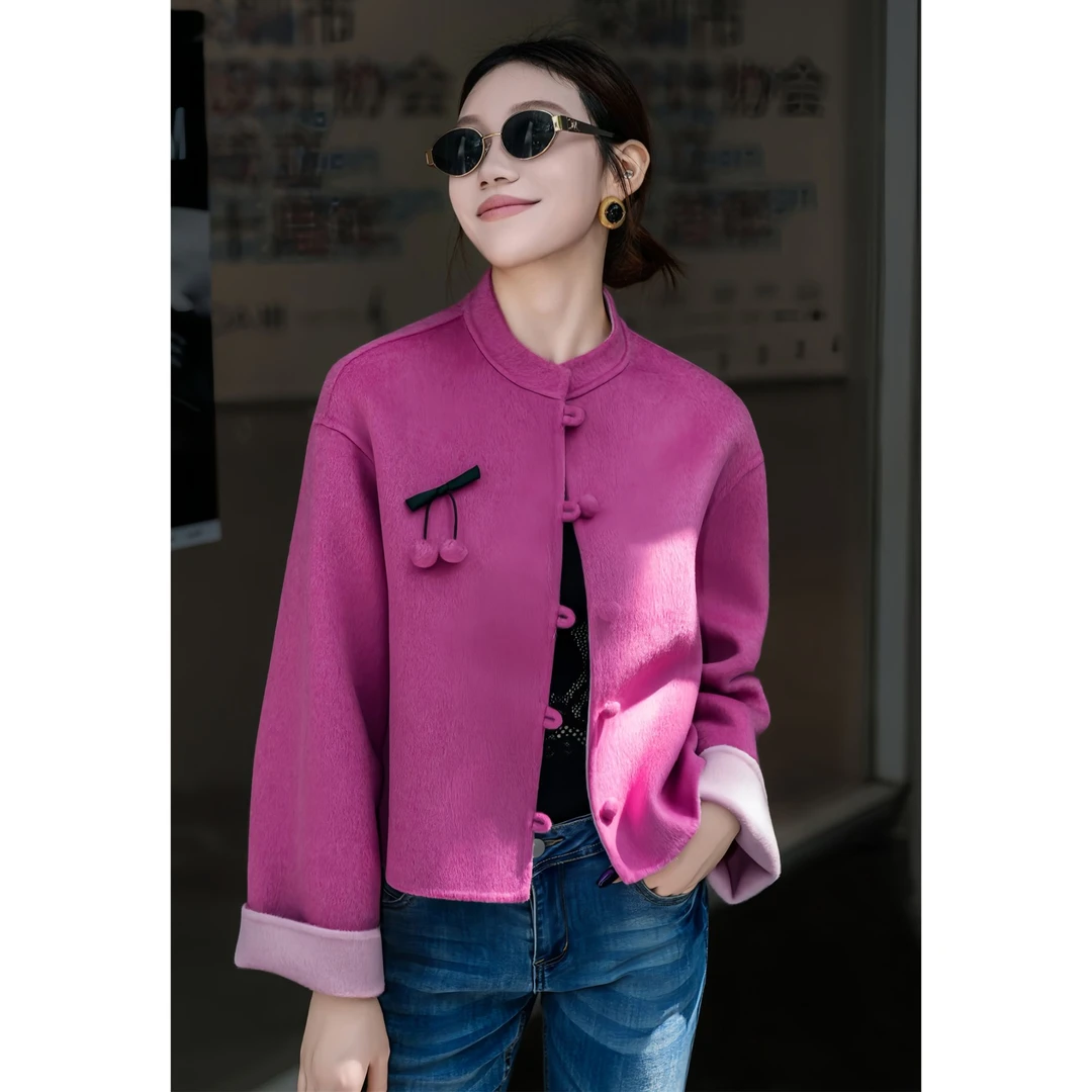 ZEROYK高级感国风年轻款100高支羊毛立体装饰撞色立领长款外套女