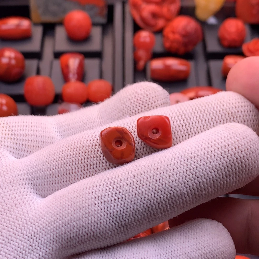 南红玛瑙未镶嵌【传仁】川料瓦西火焰纹藏扣一对13mm*6mm