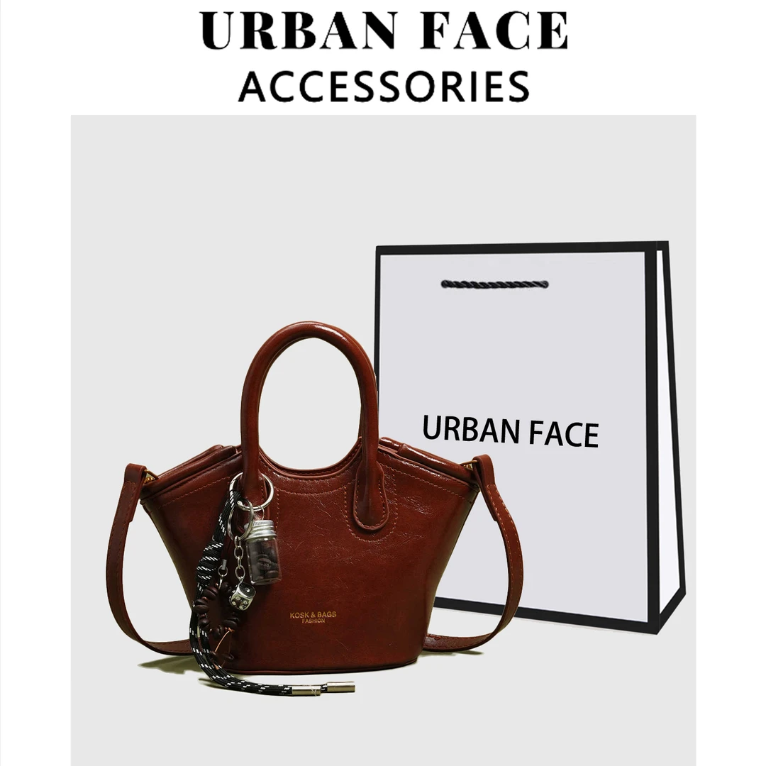 URBAN FACE小众复古百搭大容量水桶包女秋冬新款百搭单肩斜挎包潮