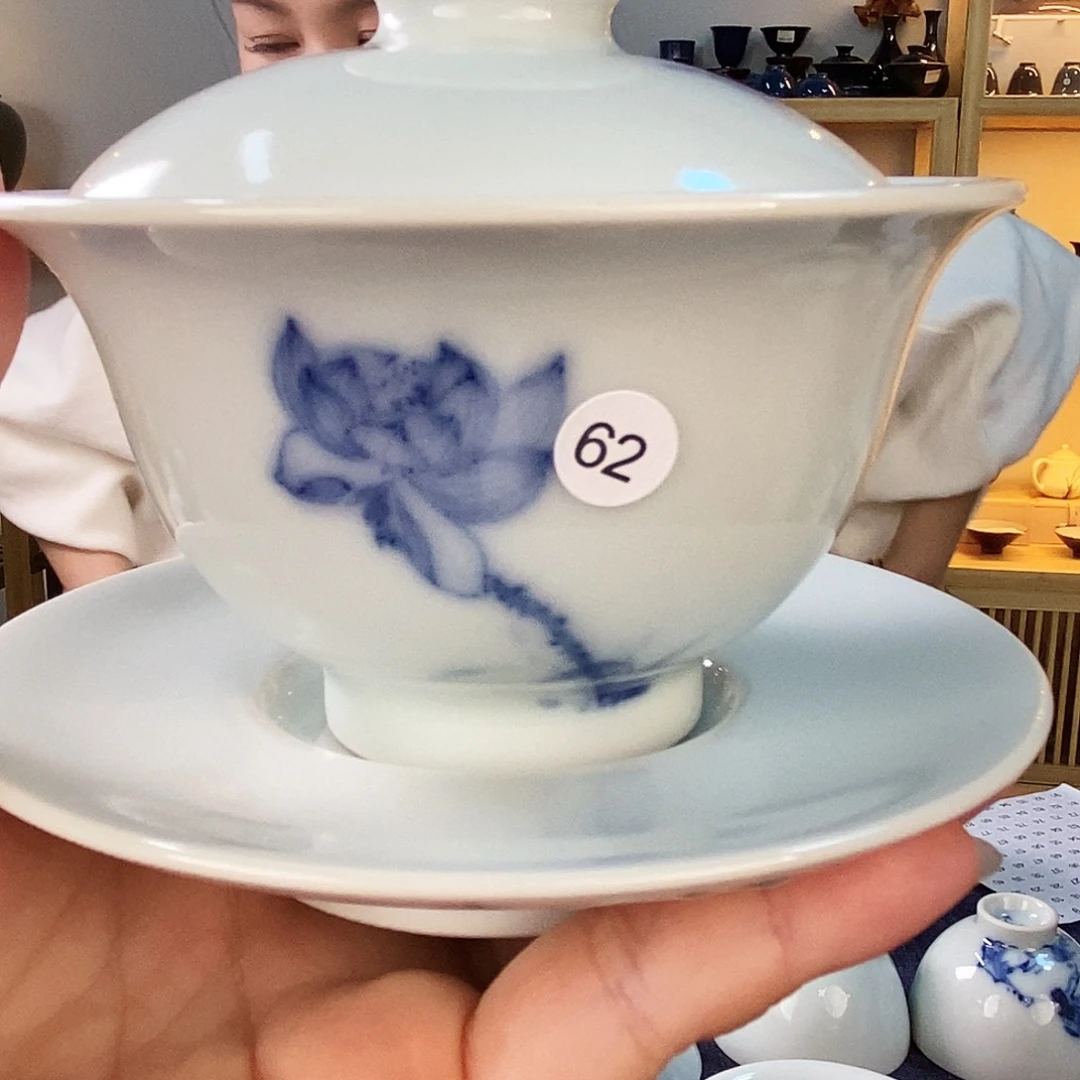 天予窑玉青荷花三才盖碗62号