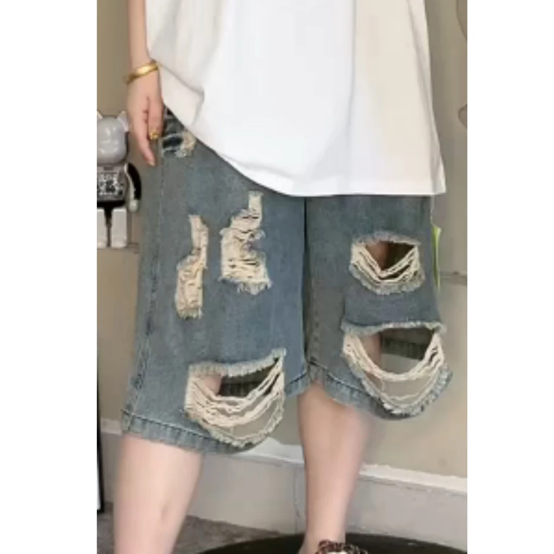 2025夏季新款高腰显瘦大码阔腿显瘦新款破洞牛仔短裤