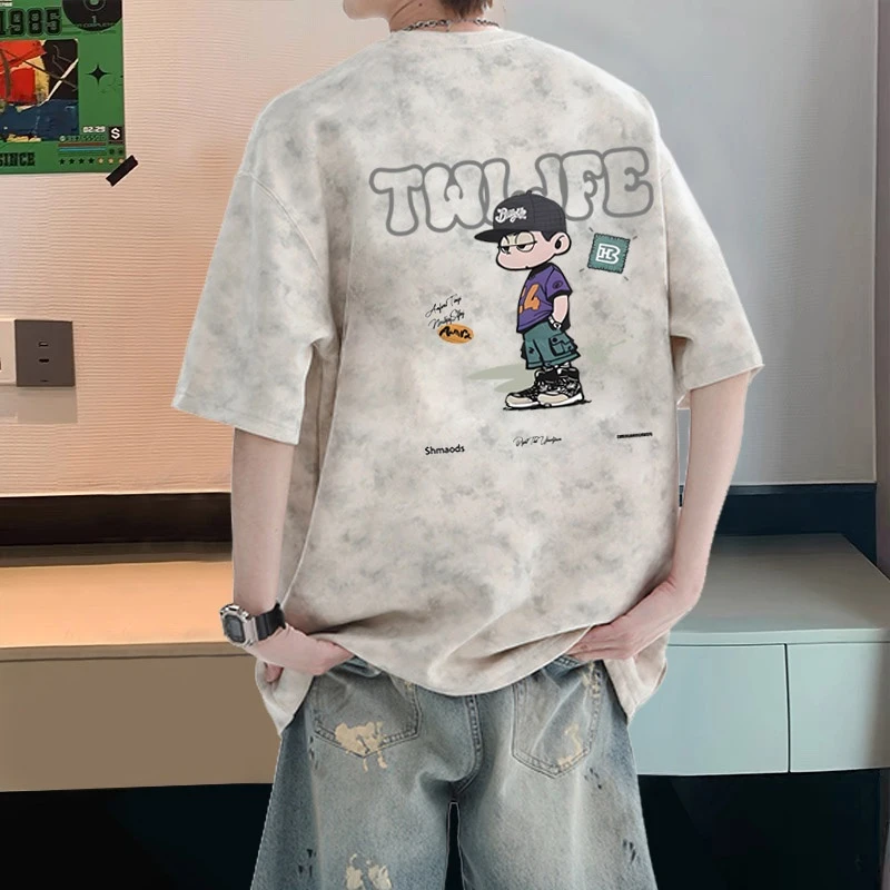 开学季美式扎染纯棉短袖t恤男生潮流休闲宽松大码半袖上衣青少年