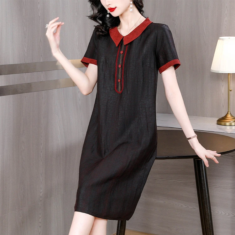 恒源祥彩羊仿真丝女夏季新款短袖宽松显瘦香云纱连衣裙复古妈妈夏