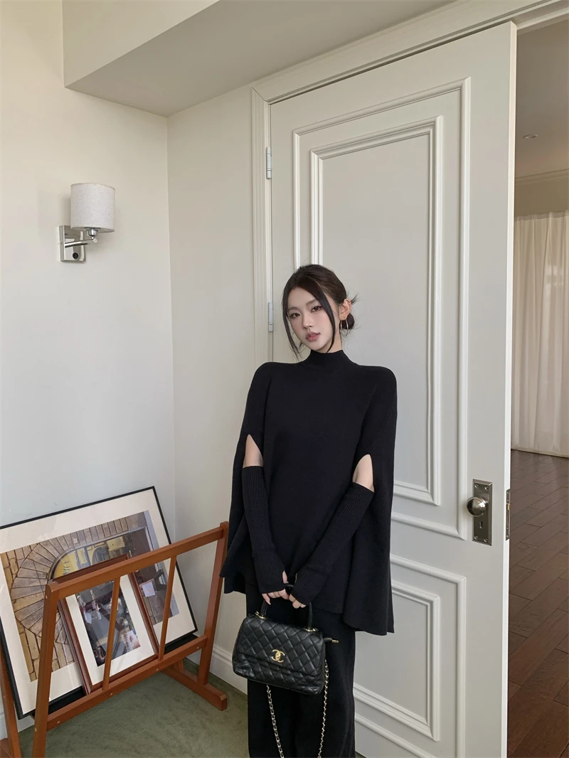 复古气质慵懒宽松显瘦秋冬黑色针织修身长袖毛衣上衣高腰长裤套装