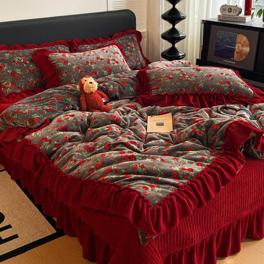 冬季A类复古加厚牛奶绒床盖四件套双面绒保暖被套免打理防滑床盖