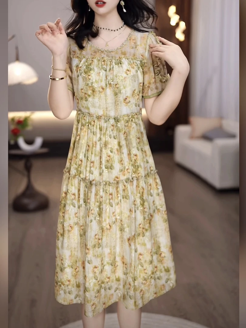 【连衣裙】2025夏款绿色水墨晕染花卉蛋糕裙活力减龄显瘦女士连衣裙