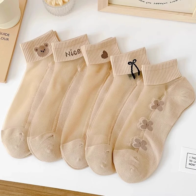 肉色水晶丝袜子女短袜夏季薄款纯棉底玻璃卡丝小熊船袜透明防勾丝