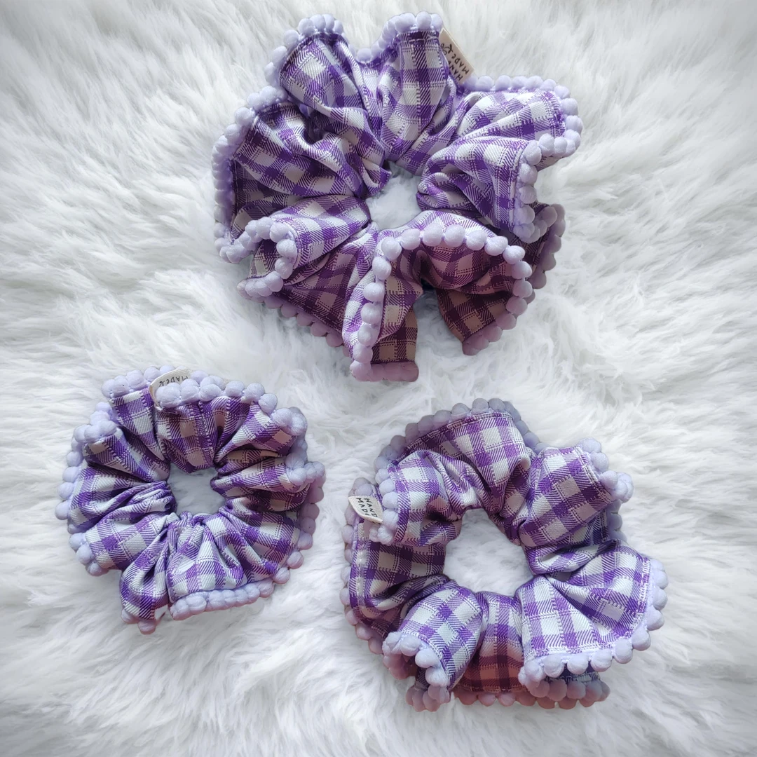 （子越手工定制）紫色格子发圈丸子头马尾田园风发饰亲子装