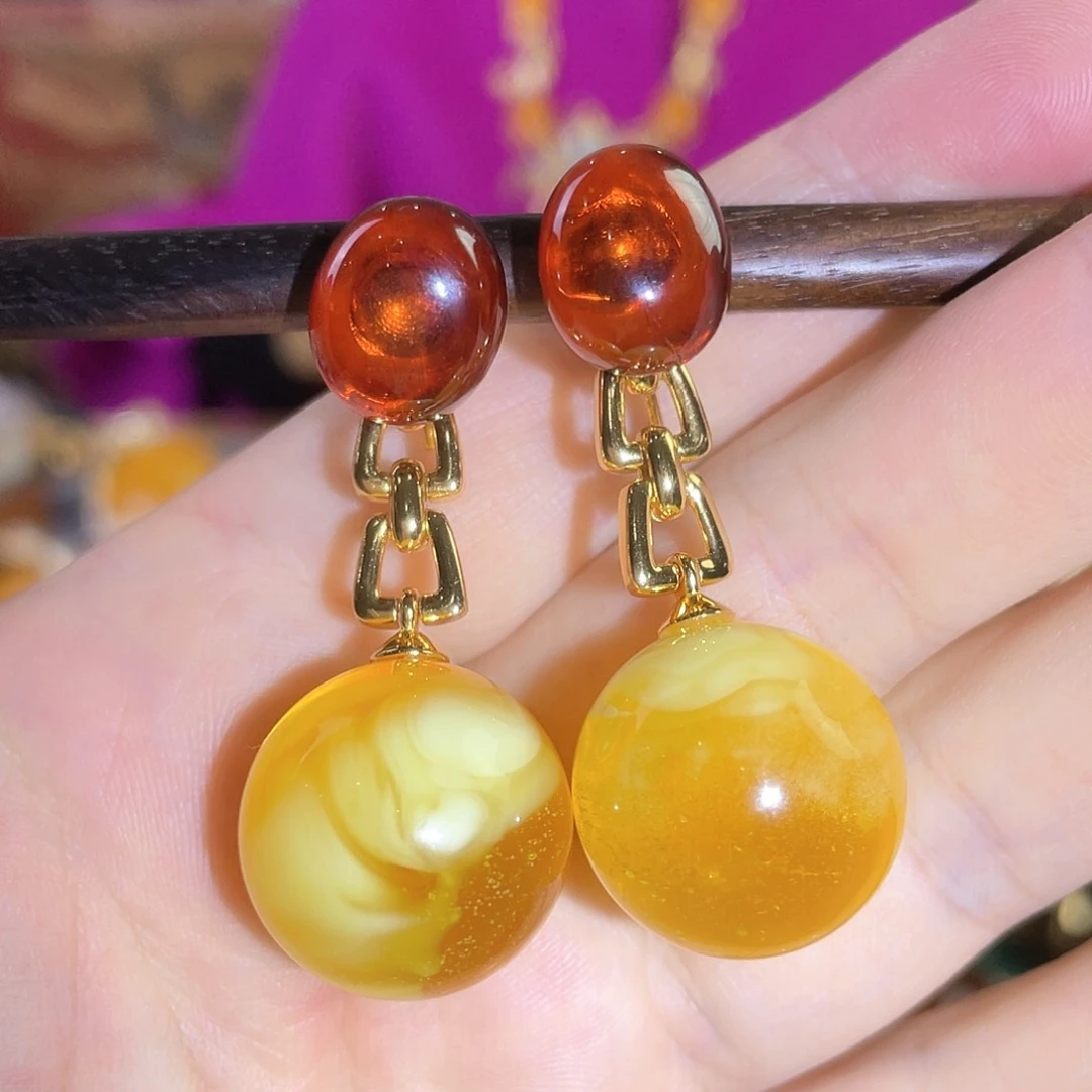 蜜蜡耳环银S925镀金镶嵌