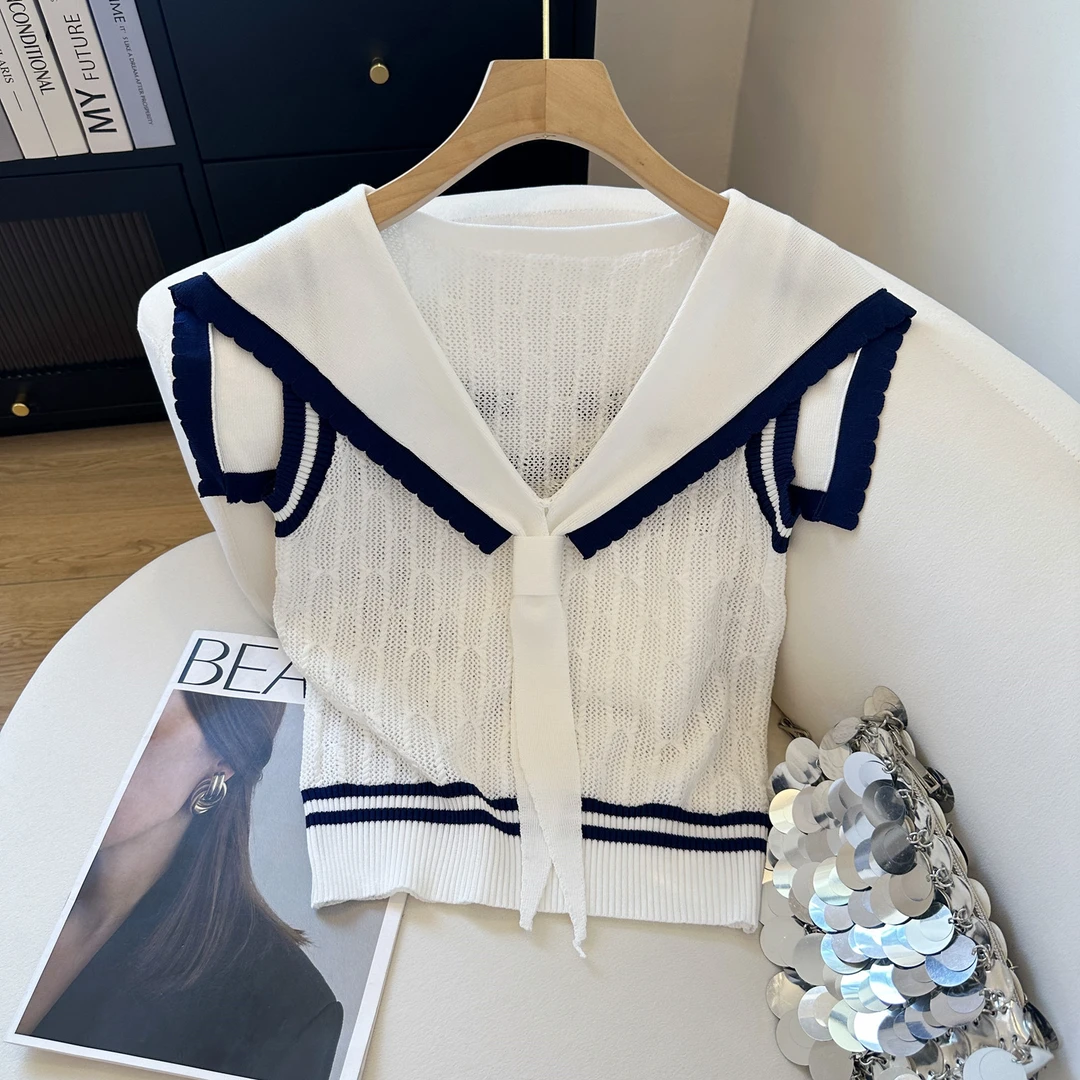 学院风海军领撞色针织背心女夏季新款气质修身显瘦百搭薄款短上衣