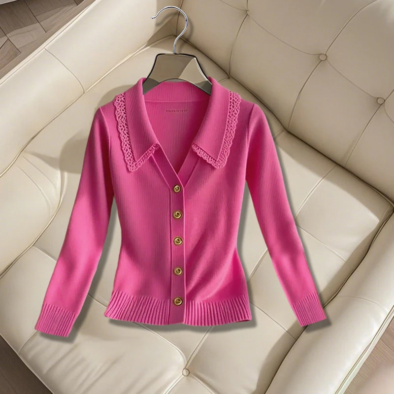 纯欲慵懒风女装纯色蕾丝花边针织衫早秋季新款高级感洋气长袖上衣