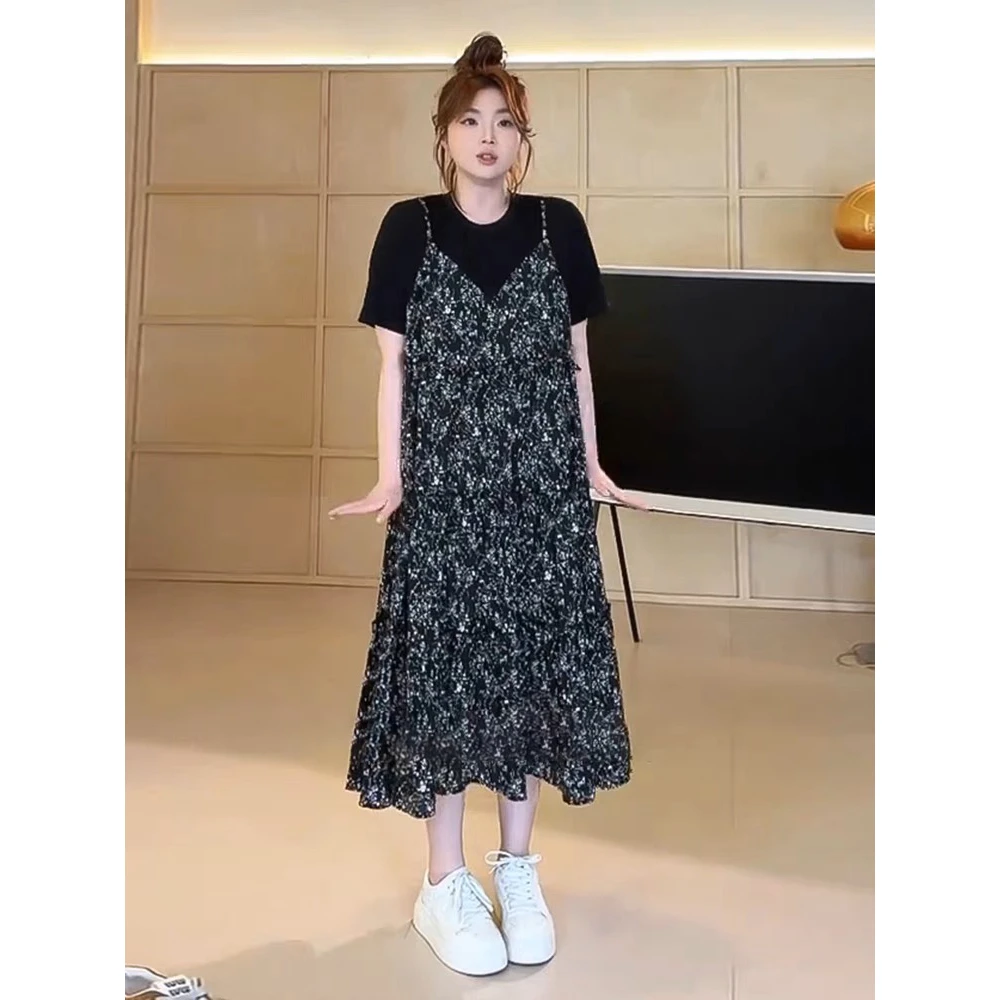 圆领正肩假两件碎花吊带连衣裙女2025夏季胖mm显瘦短袖长裙子