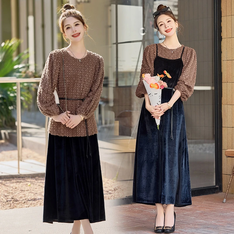 两穿套装显瘦气质针织时尚2025新款连衣裙森系复古长袖春秋中长款