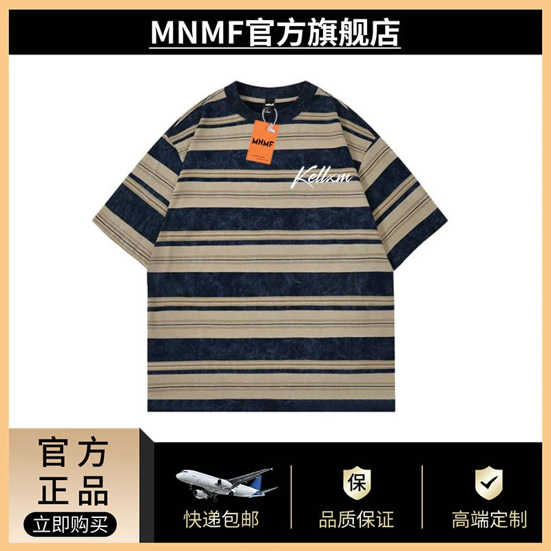 mnmf夏季潮牌新款男女款简约字母印花纯棉条纹短袖设计感宽松上衣