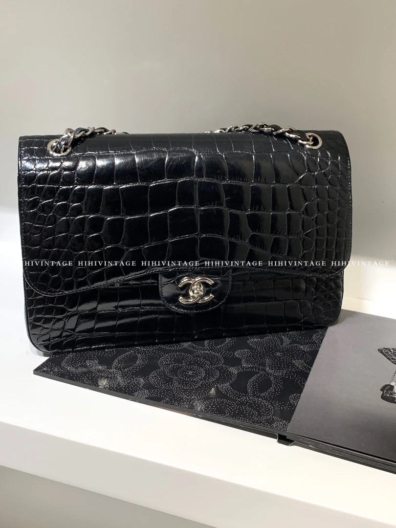 95新 Chanel/香奈儿 HIHI/黑银E皮Maxi链条包 15开 /9258821/一店