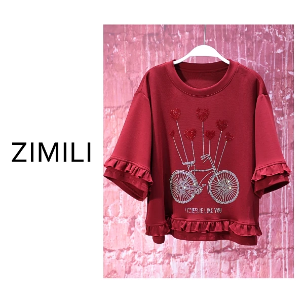 【亮哥女装】2025欧版轻薄透气安可拉红烫钻花苞下摆时尚T恤8565