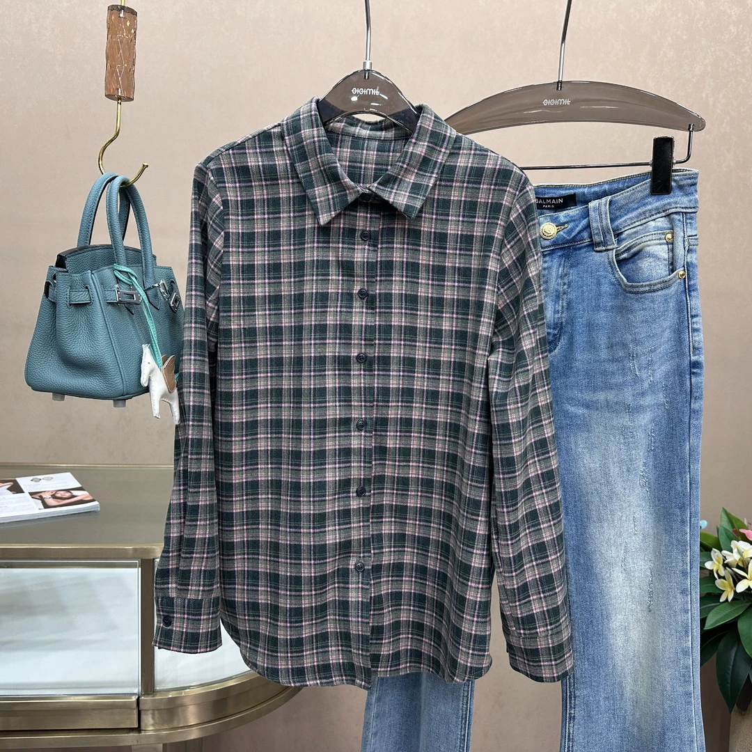 原里（格林粉黛）韩范经典磨毛大版格子女衬衫宽松复古百搭格纹衬衣